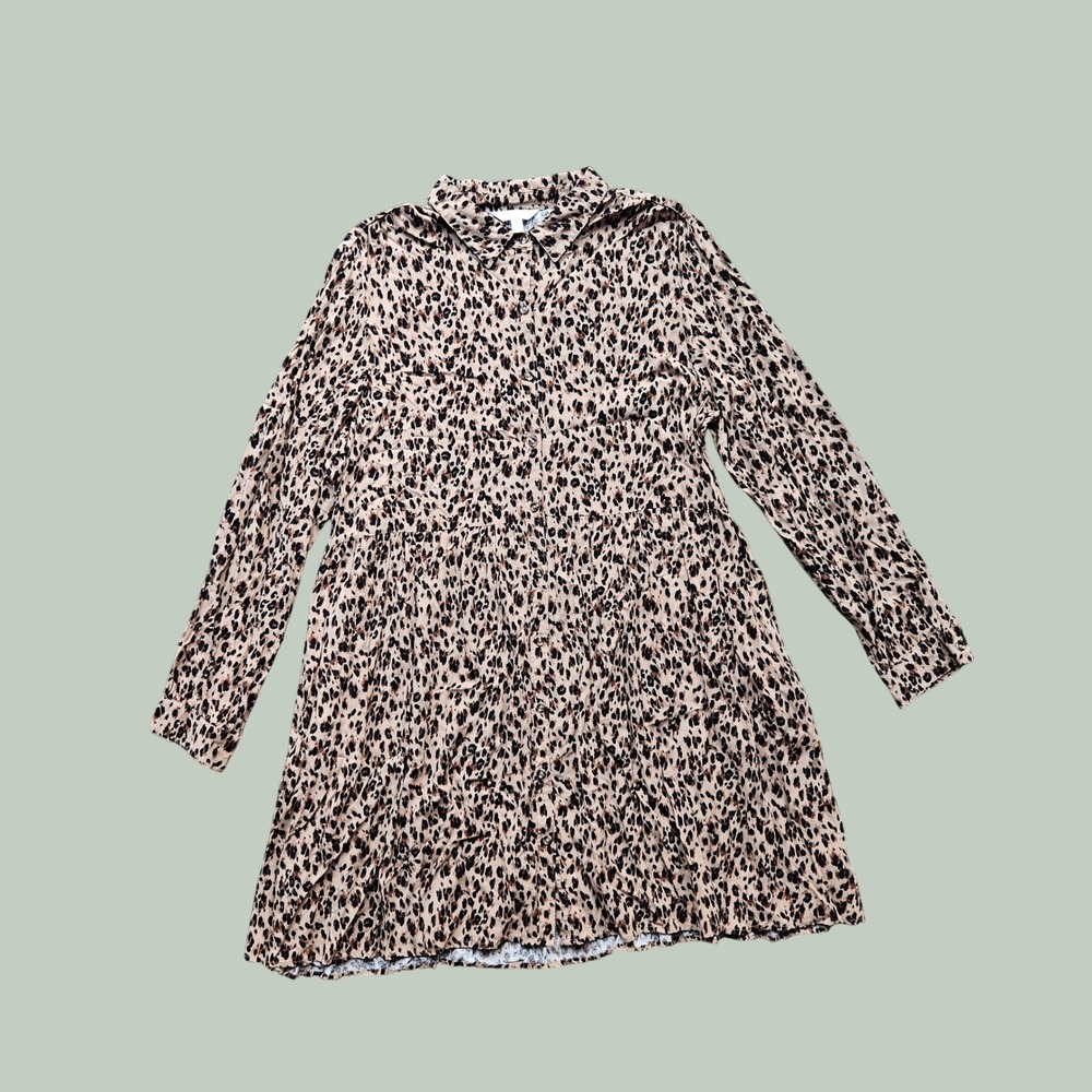 Time and Tru Women XXL Leopard Print Button Front Tiered Shirt Dress Tan Brown